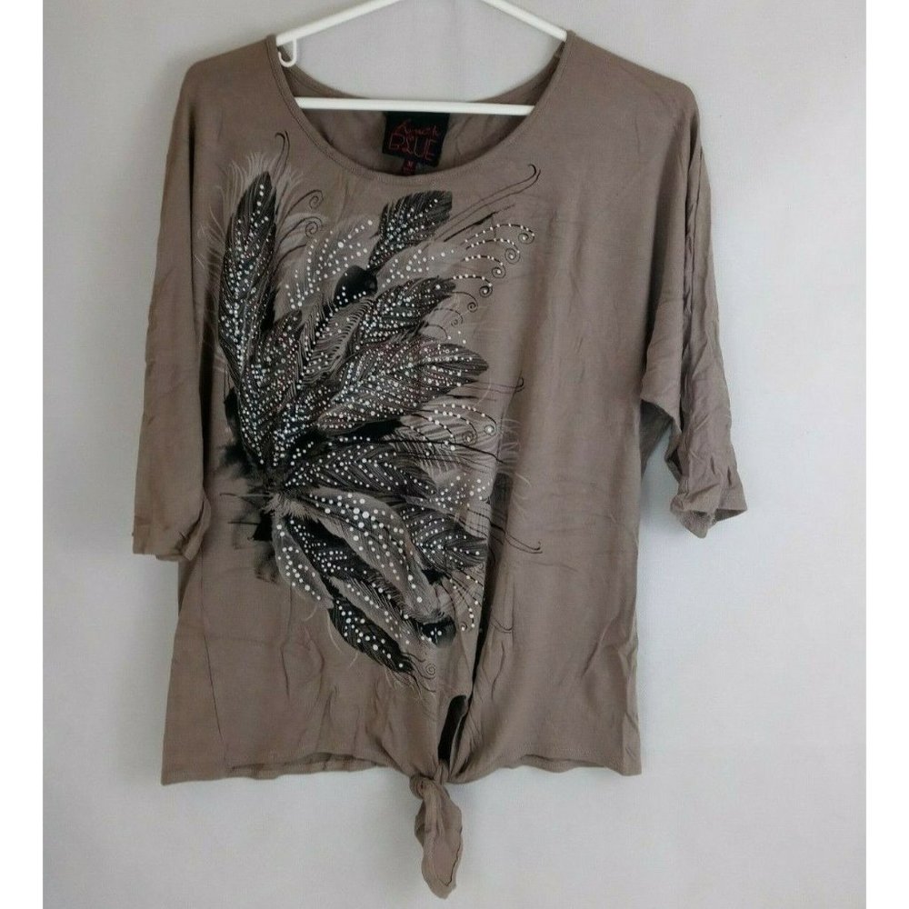 French Blue Women's Beaded T-Shirt With Feathers Design Size Medium